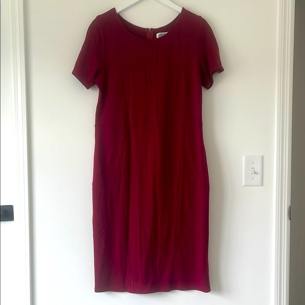 Unique Vintage Red Sheath Midi Dress Short Sleeve Crew Neck